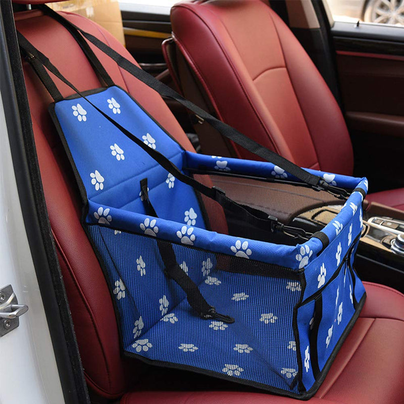 [Australia] - BAOZOON Dog Car Seat, Breathable Waterproof Pet Dog Car Travel Carrier Bag Seat Protector Cover with Safety Leash for Small Puppy Dogs Cats Blue with paw prints 