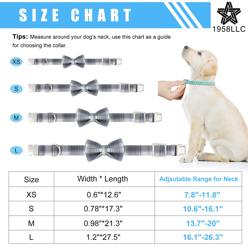 Dog Collar with Bow Tie Cute Pet Collar with Alloy Buckle & D Ring Adjustable Soft Dog Collar for Small Medium Large Boy Dogs Cats Grey-Blue Plaid XS( 7.8"-11.8") - PawsPlanet Australia