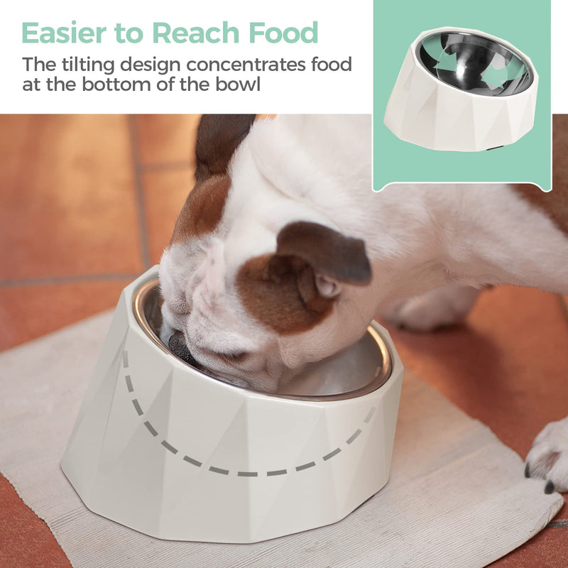 ComSaf 15°Slanted Stainless Steel Dog Bowl, 470ml Tilted Angle Raised Food Water bowl for Dog and Cat, Food Grade,Non-Skid & Non-Spill Feeding Bowl with Detachable Melamine Stand, White M/470ml - PawsPlanet Australia