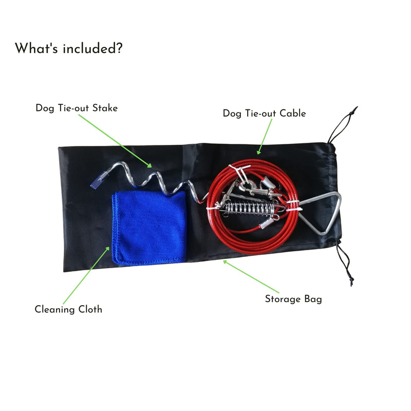 Heavy Duty Dog Tie Out Cable and Stake - Bundle: 5m Heavy Duty Tie Out Cable, Spiral Ground Stake, Cleaning Cloth, Storage Bag - PawsPlanet Australia