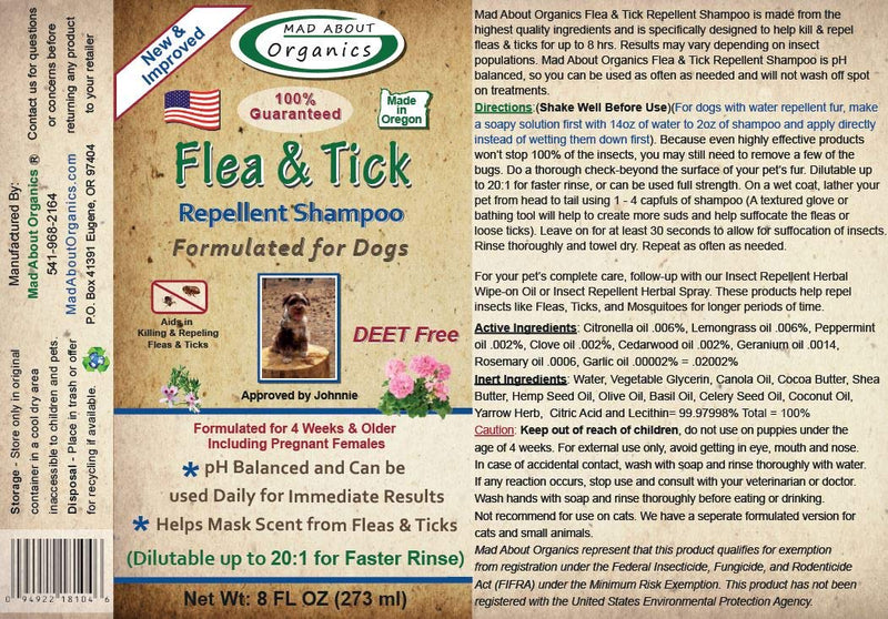 Mad About Organics Flea and Tick Repellent Shampoo Formulated for Dogs 8oz - PawsPlanet Australia