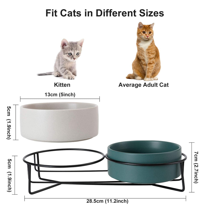 PETTOM Raised Cat Bowls Ceramic Double Cat Food and Water Bowl Set with Steel Stands for Cats and Small Dogs - Anti Vomiting, Spine Protection 400ml Grey+Green - PawsPlanet Australia