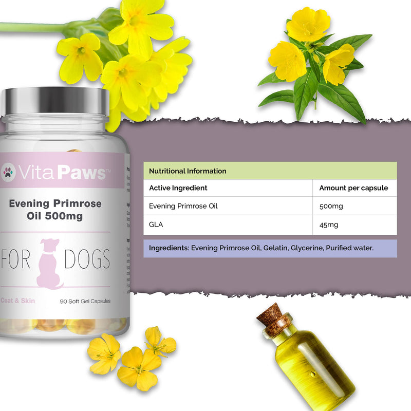 Evening Primrose Oil 500mg for Dogs by VitaPaws™ | 90 Soft Gel Capsules | for A Healthy Heart and Circulation | 100% Money Back Guarantee | Manufactured in The UK - PawsPlanet Australia
