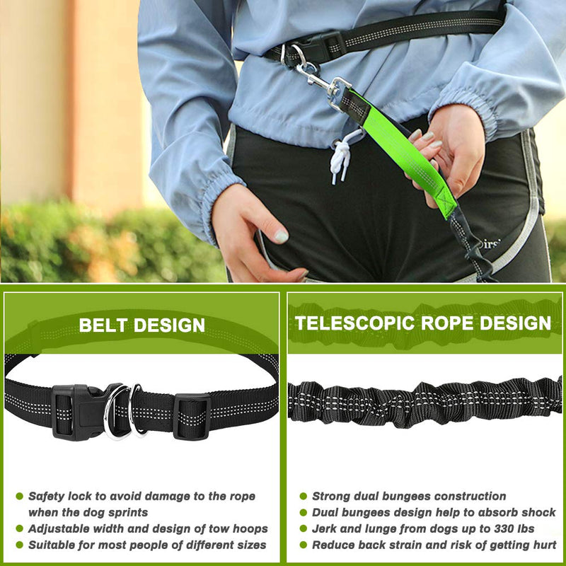 Hands Free Dog Running Lead Upkey Dual-Handle Adjustable Dog Leash Waist Belt for Dog Walking Lead Jogging Lead Belt with Reflective Stripe Pouch for Medium to Large Dogs, Dog Lead for Training, Green - PawsPlanet Australia