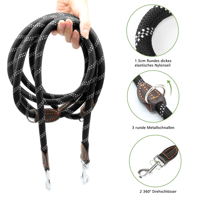 Dog leash for large and medium dogs - Adjustable double nylon leash with 2 snap hooks and 3 rings - 3m x 15mm - Black - PawsPlanet Australia