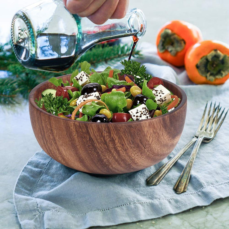 Oumefar 18cm Wooden Bowl Round Salad Bowl Dining Bowl Dish Meal Soup Fruit Bowl Kitchen Utensils Food Container for Home Restaurant - PawsPlanet Australia