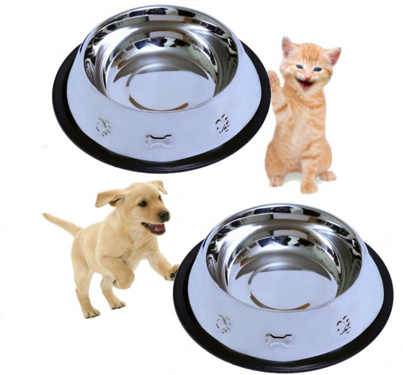 [Australia] - Set of 2 Etched Food Grade Stainless Steel Dog Bowls - 32oz Dry Weight - Dishwasher Safe - Bacteria & Rust Resistant - Non-Skid No-Tip Natural Rubber Base - Odor Free Alternative to Plastic 