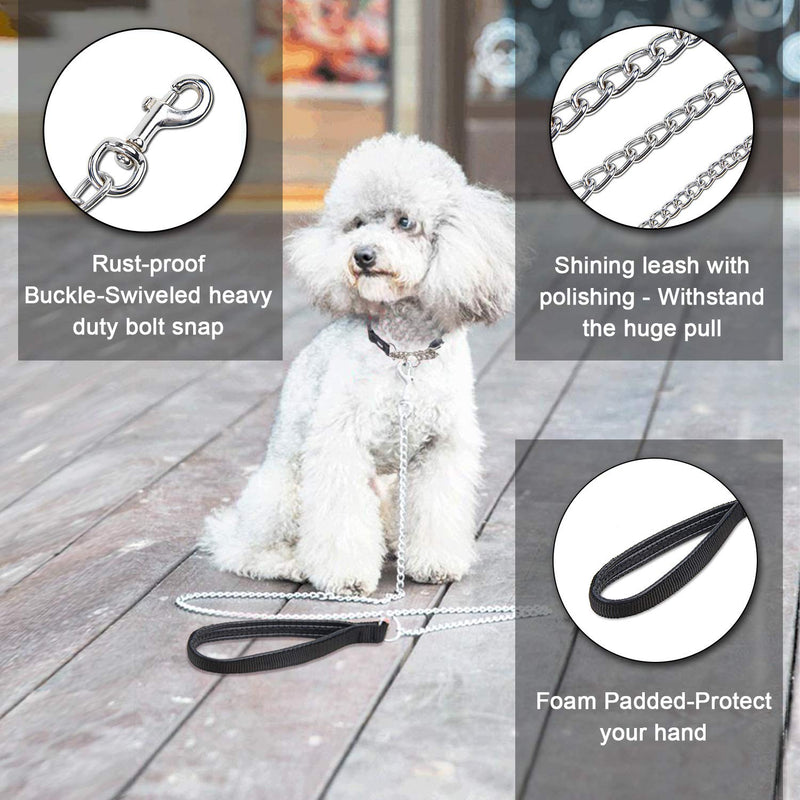 Strong Dog Lead Chain 1.2m Chew Proof Metal Dog Leash 4ft Heavy Duty No Bite Lead for Puppies Small Medium Large Dogs - Padded Comfy Handle, S: 0.2cm/0.09Inch Width 120cm - PawsPlanet Australia