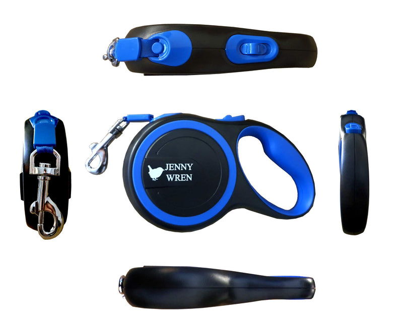 Jenny Wren Tangle-Free, Retractable Dog Lead with Anti-Slip Handle; 5M / 16FT Blue Strong Nylon Tape/Ribbon; One-Handed Brake, Pause, Lock Blue 16 FT / 5 Meter - PawsPlanet Australia