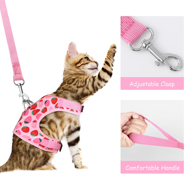 URATOT Cat Harness and Leash Set Cat Vest Harness Pet Leash and Collar Set Pet Harness for Kitties Puppies Small Pets Outdoor Walking Strawberry Medium - PawsPlanet Australia