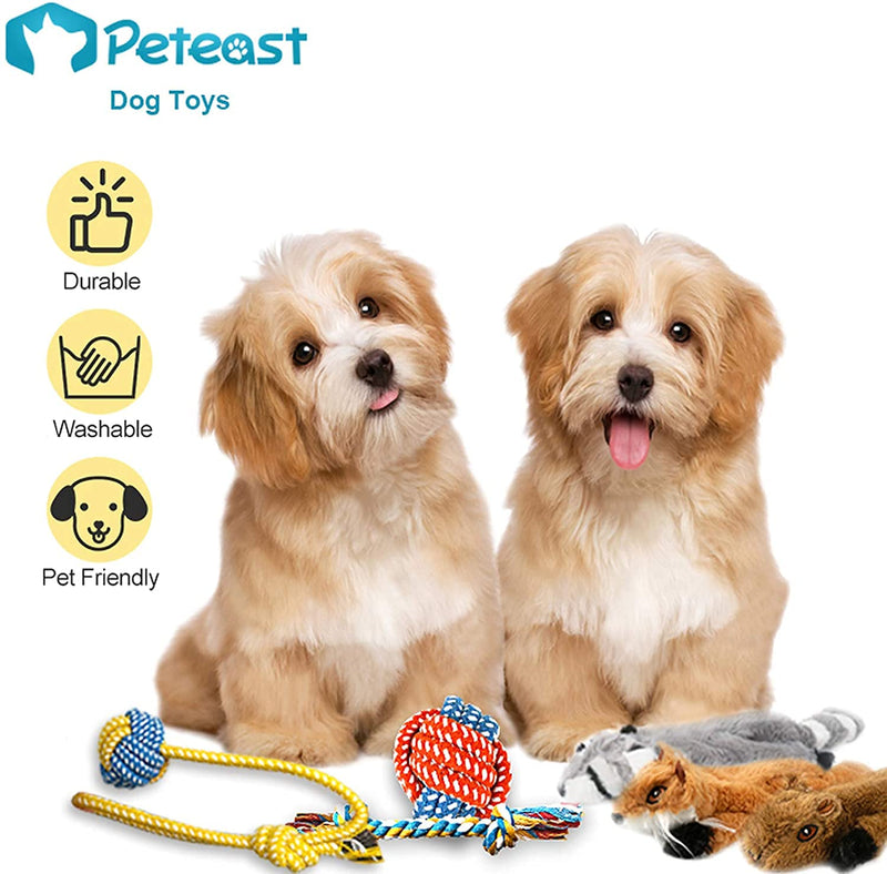 Peteast -3 Squeaky Toys and 3 Rope Dog Toys, No Stuffing Squeaky Plush Fox Raccoon Squirrel, Puppy Chew Teething Rope Toys Set for S/M/L Dogs Pets Animals - PawsPlanet Australia