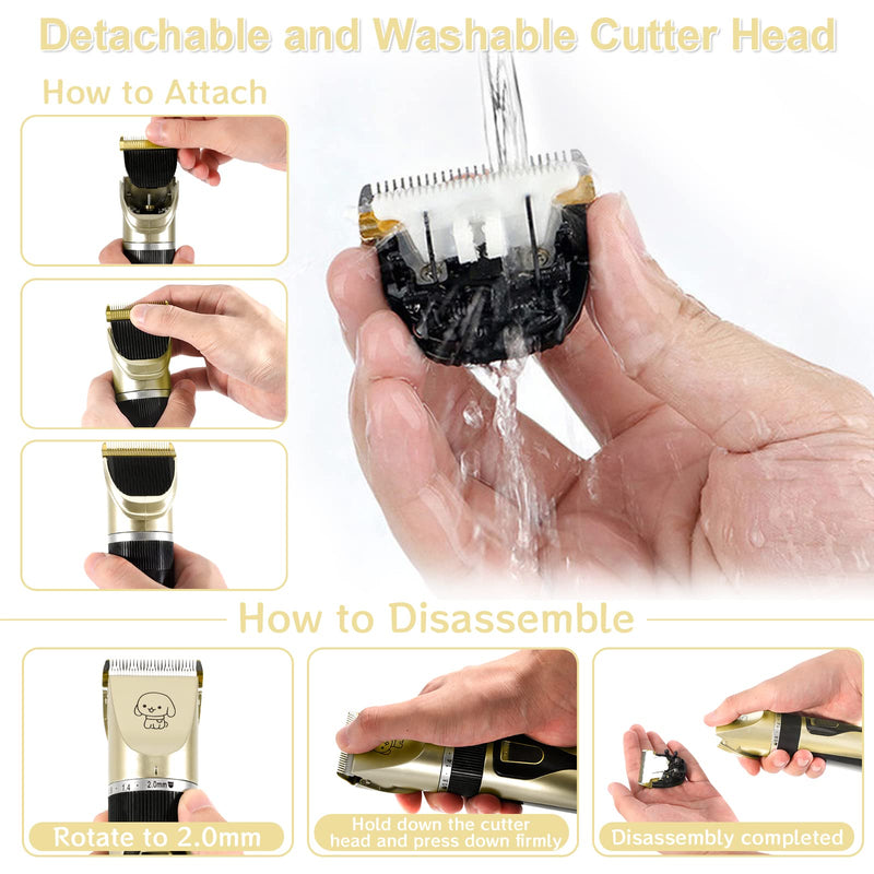 AOUVT Professional Clipper, 13 Piece Pet Grooming Set, Removable, Washable Ceramic Head, Rechargeable Pet Trimmer, Low Noise Pet Trimmer for Cats and Dogs Gold - PawsPlanet Australia