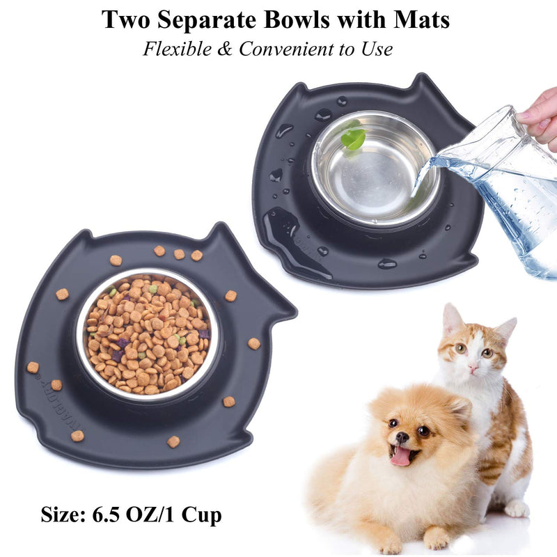 [Australia] - Vivaglory Puppy Bowls, 2 Pack Small Stainless Steel Dog Bowl for Food and Water with Spill Proof Pet Feeding Mat 6.5 oz x 2(Fish) Black 