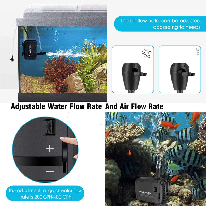 [Australia] - UPMCT 60-400 GPH Adjustable Submersible Water Pump, Ultra Quiet High Lift Detachable Cleanable Water Pump with 2 Nozzles for Aquarium, Pond, Statuary, Hydroponics 200-400 GPH Black 