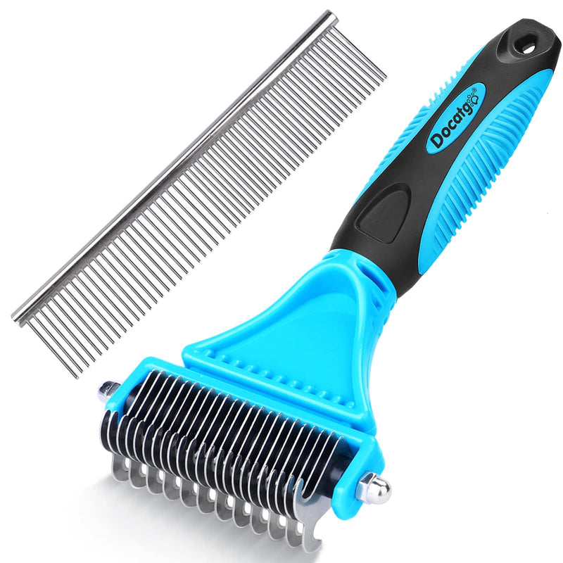 Docatgo dog brush for long hair, dog brush, cat brush, 2 in 1 dog brush for undercoat, dog comb, cat comb, rake comb for medium long hair, easy to remove undercoat and tangles, blue - PawsPlanet Australia