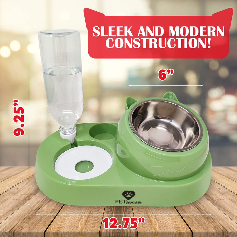 PETsionate Cat Food and Water Bowl Set - Cat Feeder and Water Dispenser Tilted - Gravity Cat Bowls for Food and Water - Automatic Dog and Cat Feeding & Watering Supplies – Elevated Cat Dish - 20oz Green - PawsPlanet Australia