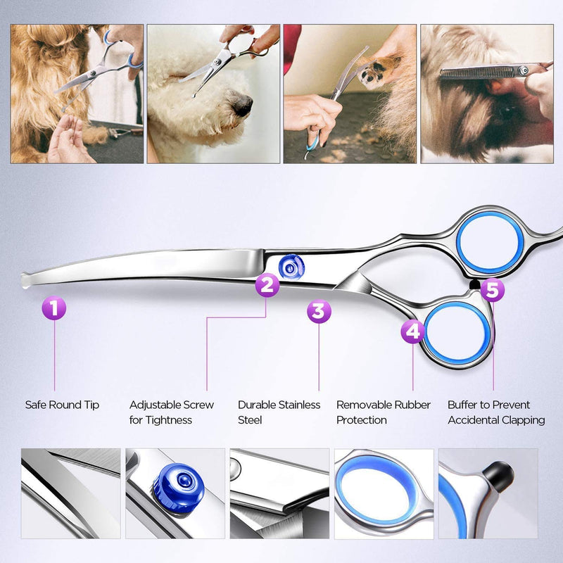 SUMCOO Dog Grooming Scissors with Safety Round Tips, Heavy Duty Titanium Stainless Steel Professional Pet Grooming Trimmer Kit-Thinning Curved, Straight Shears with Comb for Dogs and Cats - PawsPlanet Australia