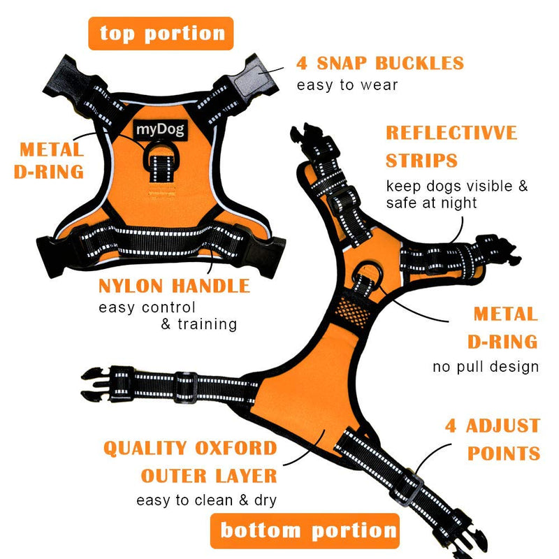 [Australia] - MyDog No Pull Dog Vest Harness with 4 Snap Buckles [No Need to Go Over Dog’s Head] Reflective Easy Control Handle and 2 Front & Back Metal Leash Rings Dog Harness for Outdoor Dogs Medium Orange 