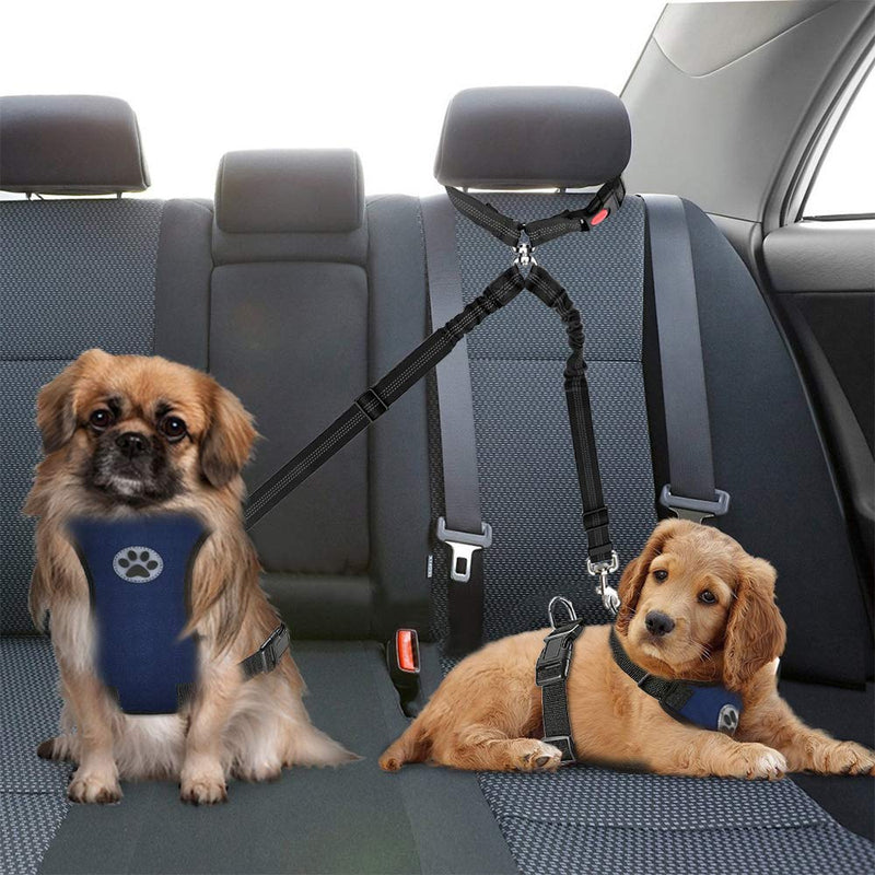 [Australia] - AutoWT Double Dog Seat Belt, New Dual Pet Car Headrest Restraint Safety Seatbelt No Tangle Dog Leash Duty Adjust Elastic Bungee Puppy Lead Splitter Connect Harness in Vehicle Travel for 2 Dogs 