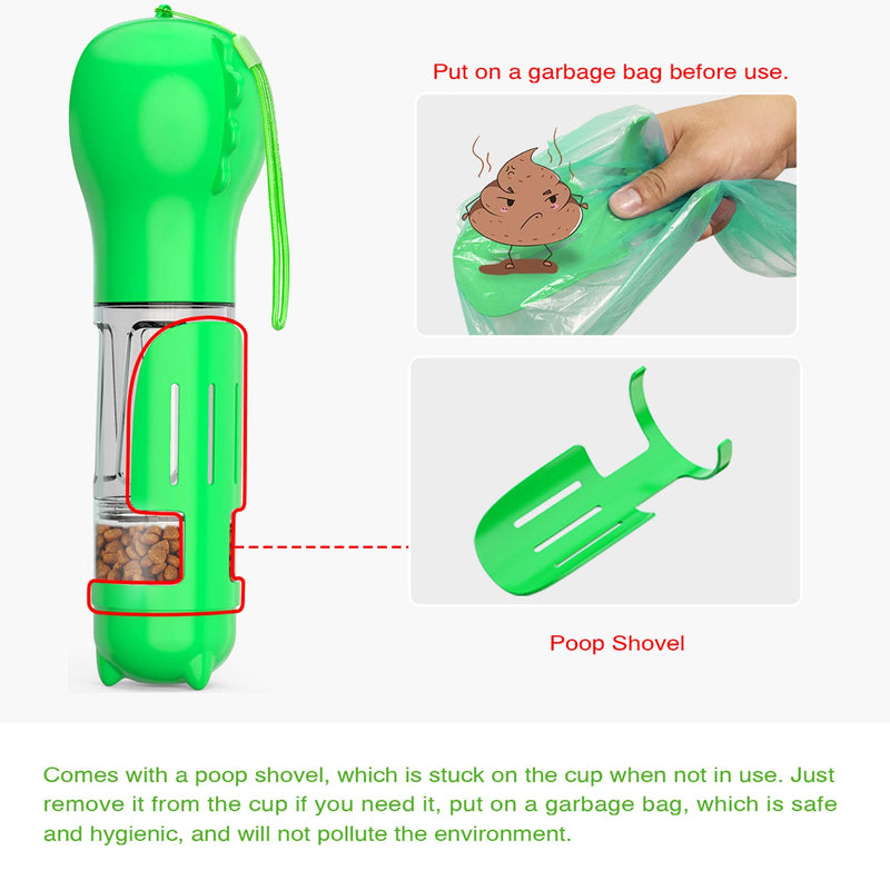 [Australia] - Water Bottle for Dog, Dog Travel Water Bottle, Drinking Feeder with Potty Waste Bags Shovel and Food Space Bpa-Free 3 in 1 Multifunction GREEN 