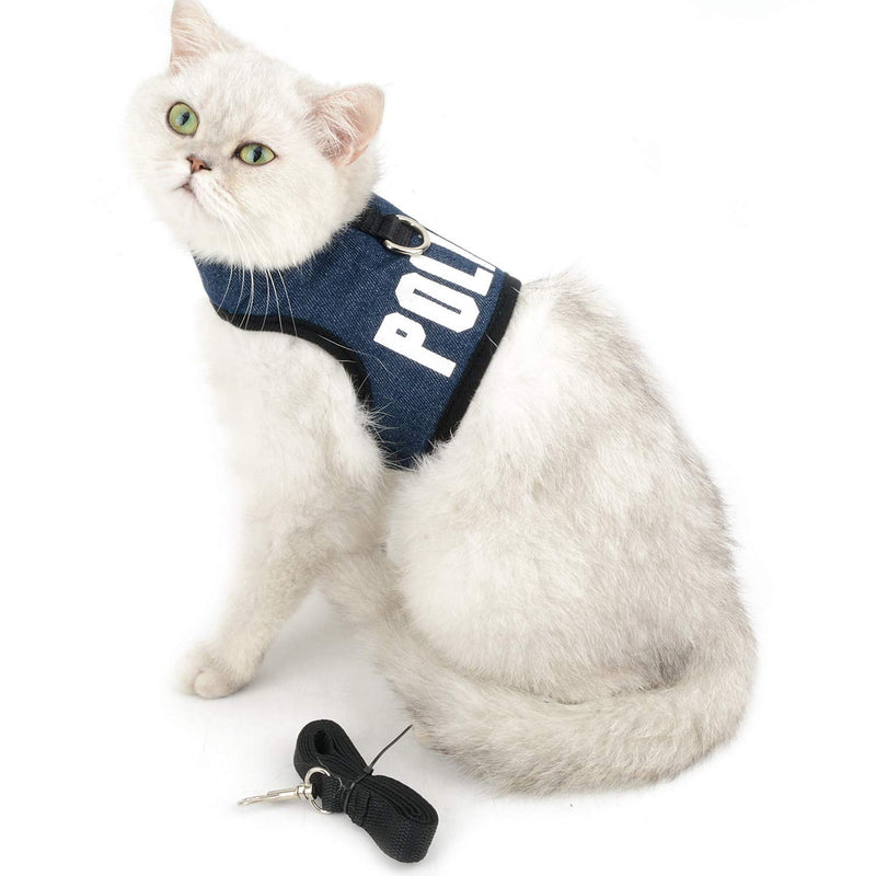 [Australia] - SMALLLEE_LUCKY_STORE Police Print Soft Mesh Denim Cat Harness and Leash Set for Walking Escape Proof Adjustable No Pull Choke Boy Small Puppies Kitten Rabbit Dog Harness Vest, Dark Blue S 