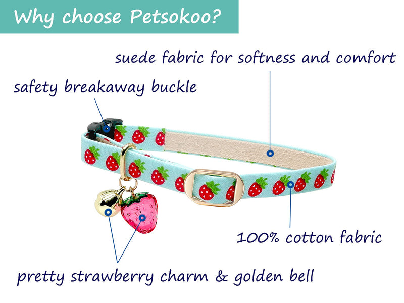 PetSoKoo Cat Collar With Bell and Strawberry Charm.100% Cotton Fabric.Safety Breakaway Buckle.Durable & Light Weight. Medium (8-12 inch,20-31cm) Sky Blue - PawsPlanet Australia