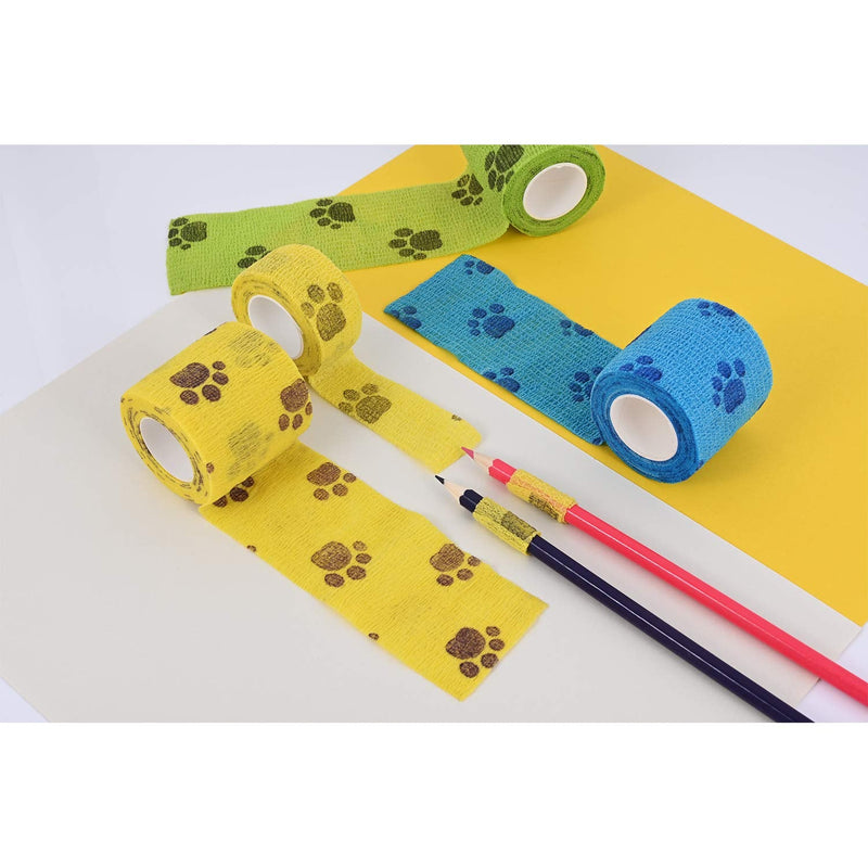 3 Rolls Pet Vet Wrap Self Adhesive Pet Elastic Bandage Vet Wrap Tape for Wrist, Ankle Sprains & Swelling, 3 Colors with Dog Paw Pattern - PawsPlanet Australia