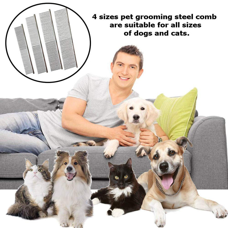 Kingrun Stainless Steel Pet Comb, 4 Pack Pet Grooming Steel Comb with Rounded Teeth, Metal Comb For Dogs, Cats and Other Pets with Tangled Short/Long Hair (16 x 2.5cm, 19 x 3cm, 19 x 4cm, 19 x 5cm) - PawsPlanet Australia