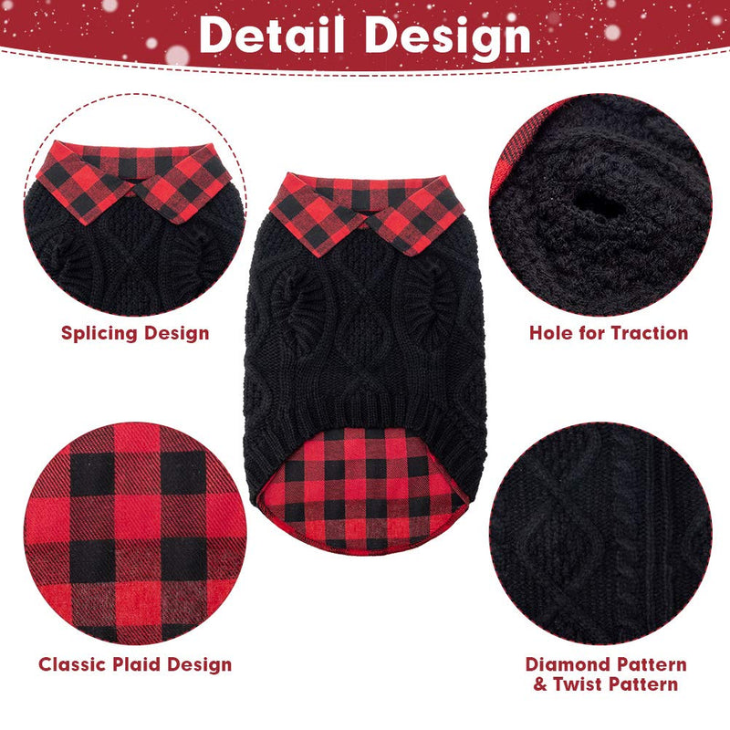 [Australia] - Warm Dog Sweater Winter Clothes - Plaid Patchwork Pet Doggy Knitted Sweaters Comfortable Coats for Cold Weather, Fit for Small Medium Large Dogs X-Small Black 