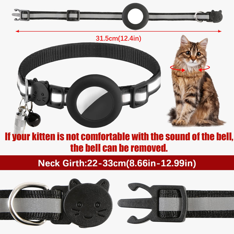 AirTag cat collar with AirTag holder, reflective cat collar with bell, name, address and safety clasp, adjustable 18-27 cm cat collar for girls, boys, kittens, puppies, black reflective - PawsPlanet Australia