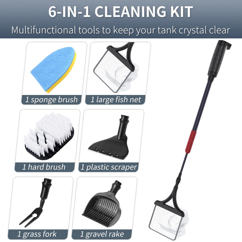 Pawfly Aquarium 6 in 1 Cleaning Tool Kit Large Fish Net Fish Tank Aquatic Plastic Stain Scraper Brush Sponge Scrubber Pad Gravel Rake and Grass Fork Cleaner Set with Telescopic Handle - PawsPlanet Australia