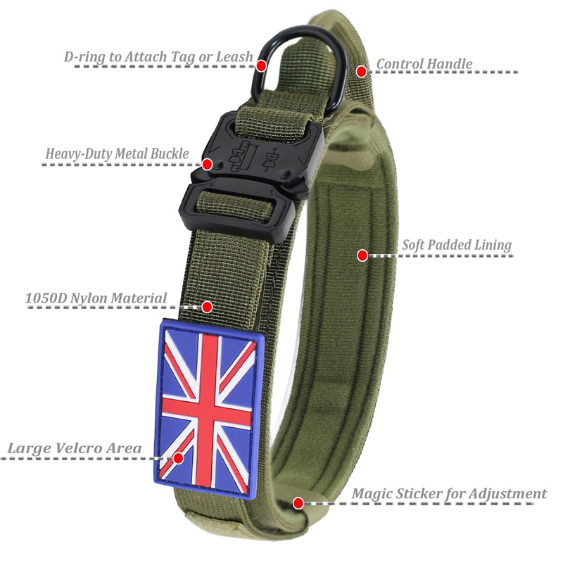 Tactical Dog Collar with UK United Kingdom Flag - YoothBro K9 Military Dog Collar Adjustable Nylon Dog Collar with Heavy Duty Metal Buckle for Medium Large Dogs M,Green ArmyGreen - PawsPlanet Australia