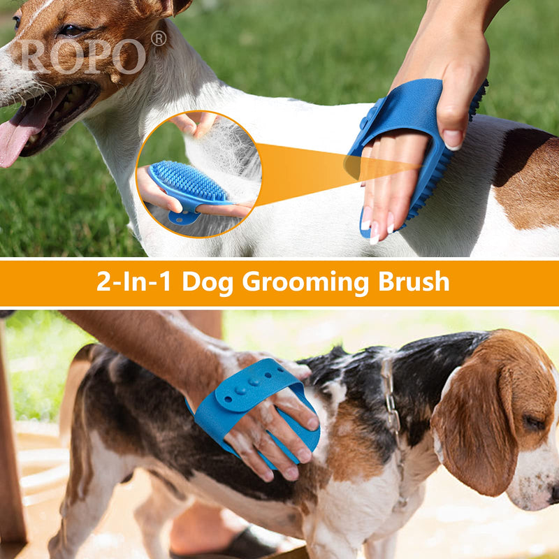 ROPO 2pcs Dog Bathing Brush & Dog Double Sided De-Shedding Rake & Rubber Handled Steel Toothed Comb Set - PawsPlanet Australia