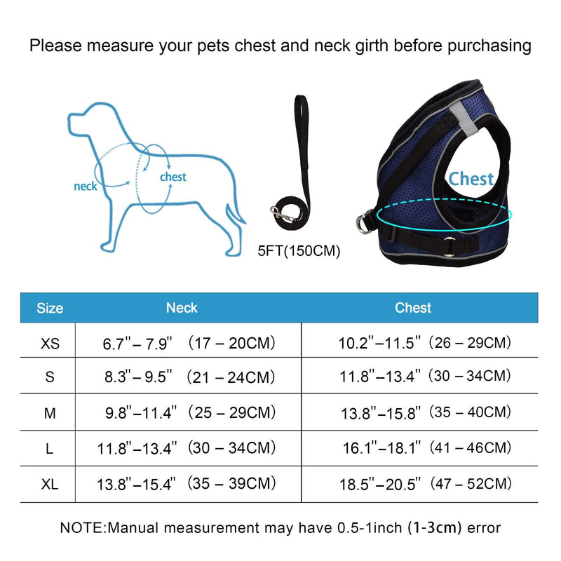 Anbeer Soft Mesh Dog Harness Puppy Adjustable Pet Vest with Walking Leash for Small Dog Breeds and Cats (XL, Navy) XL (Neck 35-39cm, Chest 47-52cm) - PawsPlanet Australia