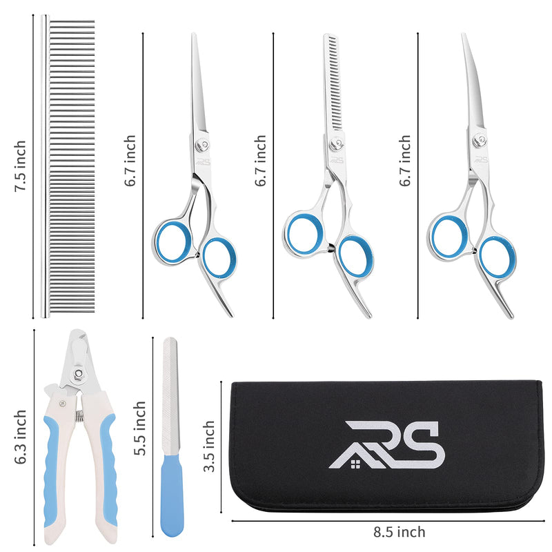 Ruisita 7 Piece Dog Cat Grooming Scissors Kit Pet Grooming Scissors Set Dog Hair Scissors Dog Nail Clippers Nail File Pet Comb Stainless Steel Pet Trimmer Kit with Storage Bag, Blue - PawsPlanet Australia