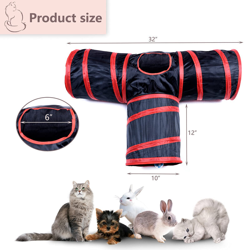 Alicedreamsky Cat Tunnel, Collapsible Tube with 1 Play Ball Kitty Toys, 3 Ways Cat Tunnels for Indoor Cats, Puppy, Kitty, Kitten, Rabbit Black & Red - PawsPlanet Australia