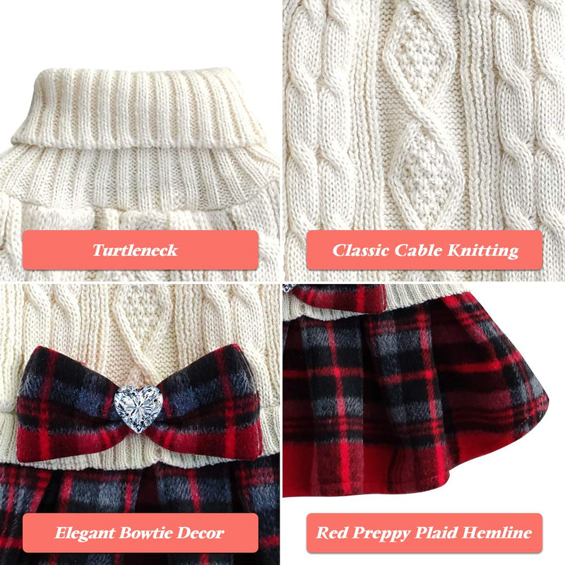 [Australia] - kyeese Dog Sweater Dress Plaid with Bowtie Turtleneck Dog Pullover Knitwear Pet Sweater for Fall Winter Medium Red 