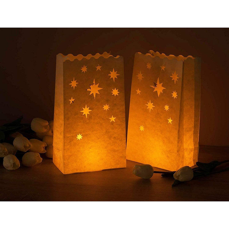 White Paper Luminary Bags - 24-Pack Candle Lantern Bags, Fire-Retardant, Star Luminaries for Christmas, Weddings, Birthday Party Decoration, Use with Tealights, Votive, 5.9 x 10 x 3.5 Inches - PawsPlanet Australia