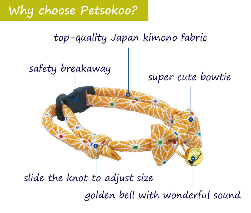 [Australia] - PetSoKoo Bowtie Cat Collar with Bell. Japan Tortoiseshell Figure Style. Original Design. Comfortable Durable Lightweight. Safety Quick Breakaway Standard (6-13 inch,16-32cm) Orange Yellow 