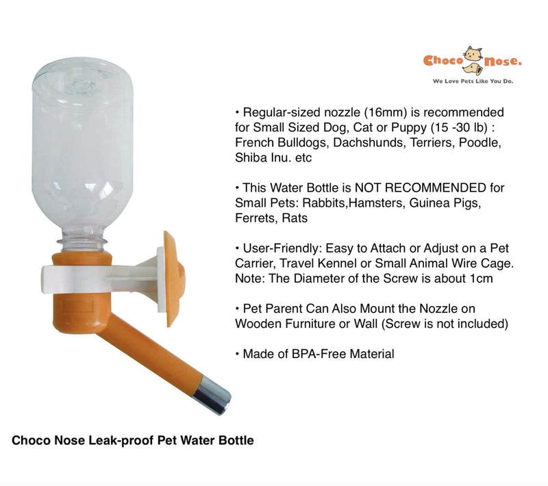 [Australia] - Choco Nose H590 Patented No Drip Dog Water Bottle. Small-Medium Sized Dogs(15-30 lb)Cat Best Animal Wire Cage Feeder Leak-Proof Pet Kennel Dispenser Drinker BPA-Free 11.2Oz 330Ml Nozzle Diameter: 16mm Orange 