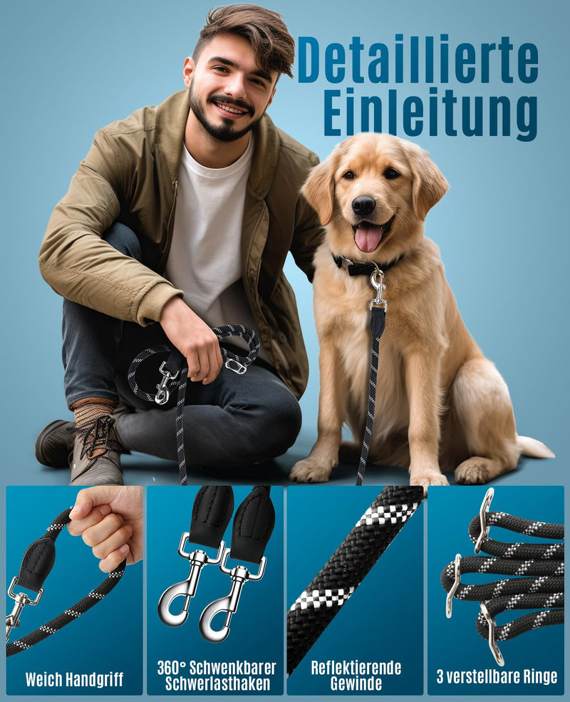 oneisall dog leash for large and medium-sized dogs (15-60 kg), 3 m adjustable double leash and hands-free leash made of nylon with reflective thanks to the extreme force up to 200 kg - PawsPlanet Australia