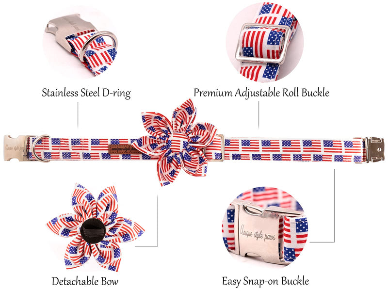 Unique Style Paws Flower Dog Collar, Adjustable Dog Collar with Flower, Durable Pet Collar for Female or Male Small Medium Large Dogs XS American Flag - PawsPlanet Australia