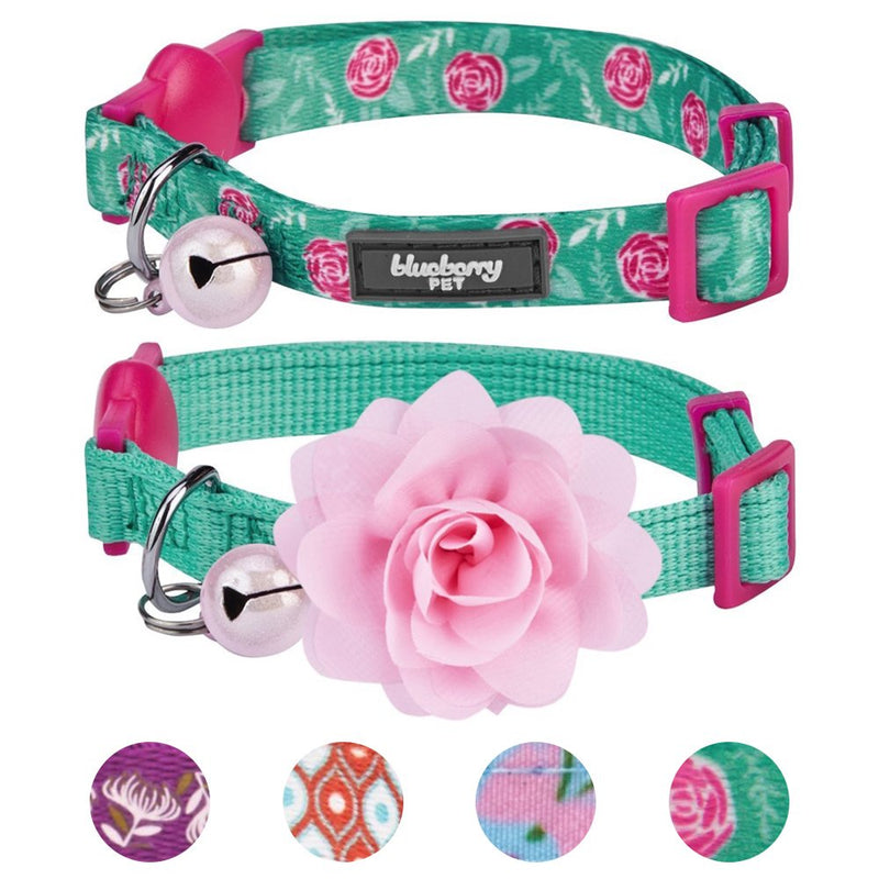 [Australia] - Blueberry Pet 3 Patterns The Power of All in One Breakaway Cat Collars, with Personalization Options Regular - 9"-13" Neck Pack of 2 - Relaxing Jungle Green 