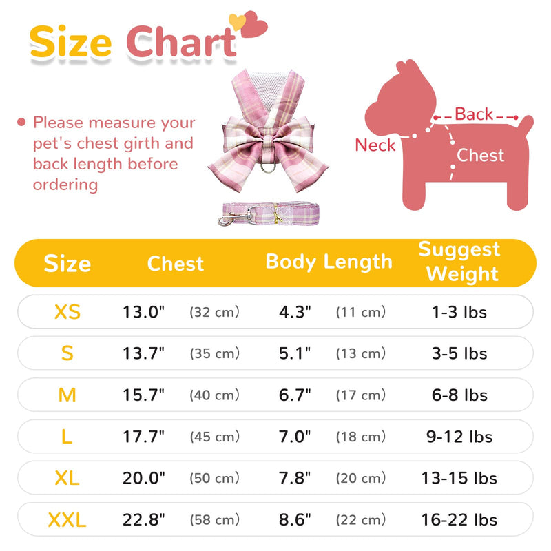AXIIJGL Dog Harness and Leash Set with Bow No Pull Pet Classic Plaid Harness and Leash with D-Ring Soft Mesh Harness Set Escape Proof Puppy Harness Vest for Small Girl Dogs Cats(Pink S) pink - PawsPlanet Australia