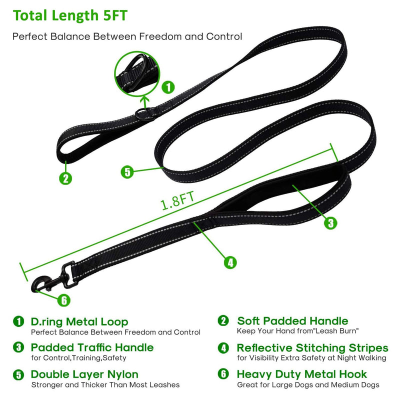 [Australia] - Tminnov Heavy Duty Dog Leash 5 ft Long -with 2 Padded Handles -Double Handles Lead for Control Safety -Training Walking Leashes for Medium Large Dogs BLACK 