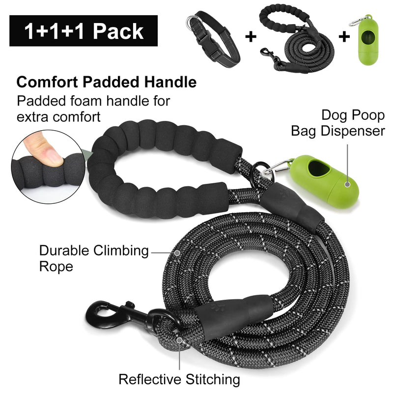 Dynmeow Reflective Dog Collar and Lead Set, Adjustable Pet Collar with Soft Neoprene Padded for Small Medium Large Dogs, Climbing Rope, Black, XS X-Small (Pack of 1) Black, Climbing Rope - PawsPlanet Australia