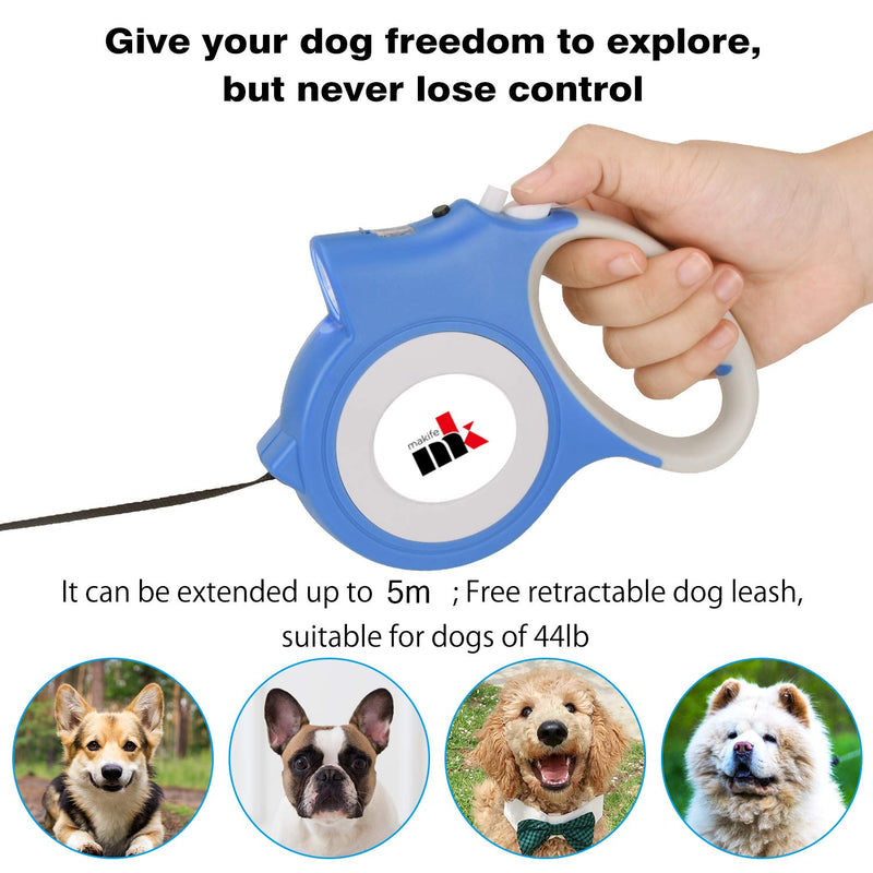 Makife Retractable Dog Lead 5 m under 25 kg Large and Medium Dog Flashlight 15 Pieces Dog Waste Bags Blue (Dog Waste Bags, Dog Bowl) - PawsPlanet Australia