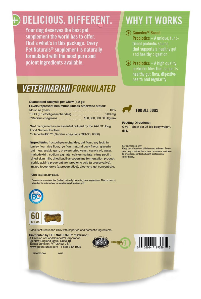 Pet Natural's Of Vermont Daily Probiotic for Dogs, Digestive Health Supplement, 60 Bite Sized Soft Chews - PawsPlanet Australia
