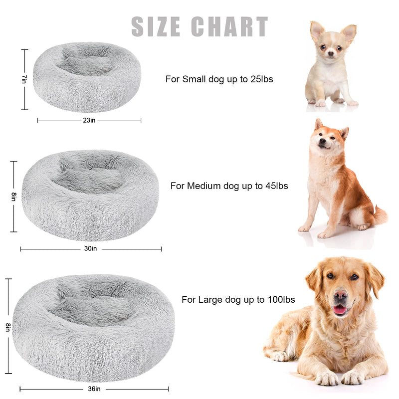 Calming Dog Bed Cat Bed, Anti-Anxiety Donut Dog Cuddler Bed, Machine Washable Round Pet Bed, Comfy Faux Fur Plush Dog Cat Bed for Small Medium Large Dogs and Cats (23"/30"/36") Small 23" x 23" Light Grey - PawsPlanet Australia