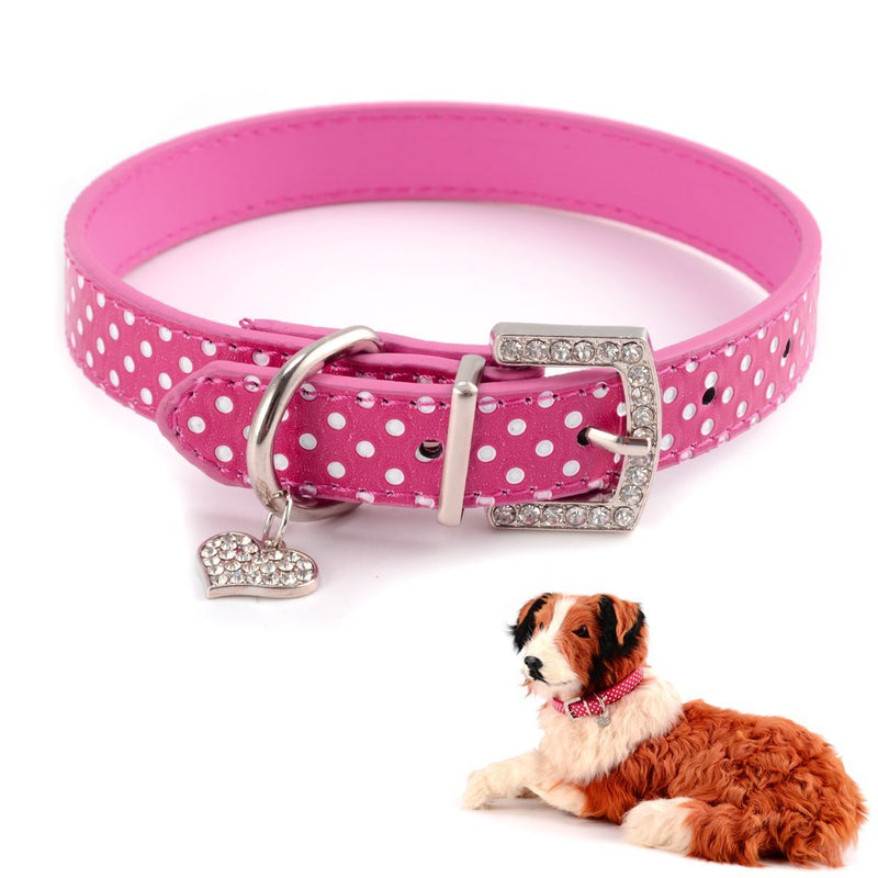 BbearT® Pet Dog Collar,Bling Rhinestone Love Pendant Small Puppy Dog Cat Collar Lovely Polka Dot PU Leather Pet Collars for Small Dog Medium Dogs Girls (S-37cm, Pink) S--37cm - PawsPlanet Australia